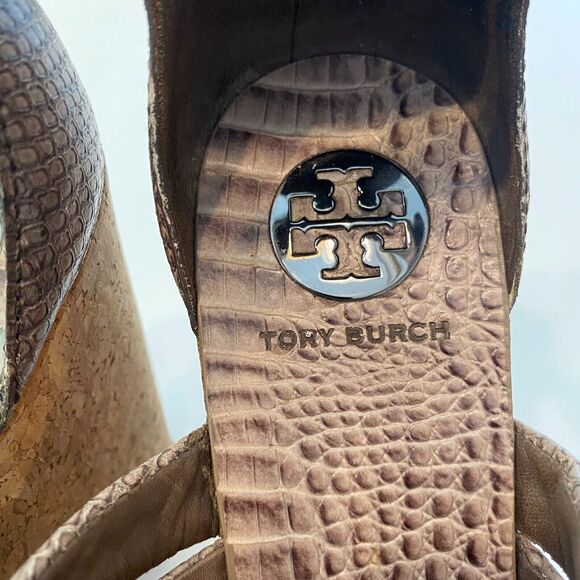 Tory Burch Taupe Python Embossed Leather Cork Wedge Strappy Sandals Size 10 M - Picture 10 of 11